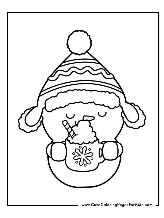 coloring page with picture of a cute snowman drinking a cup of hot cocoa with whipped cream