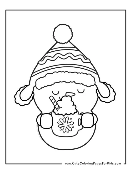 coloring page with picture of a cute snowman drinking a cup of hot cocoa with whipped cream