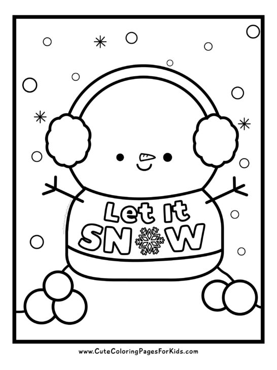 snowman coloring page with a snowman wearing a Let it Snow shirt and wearing earmuffs, with snowballs on the ground