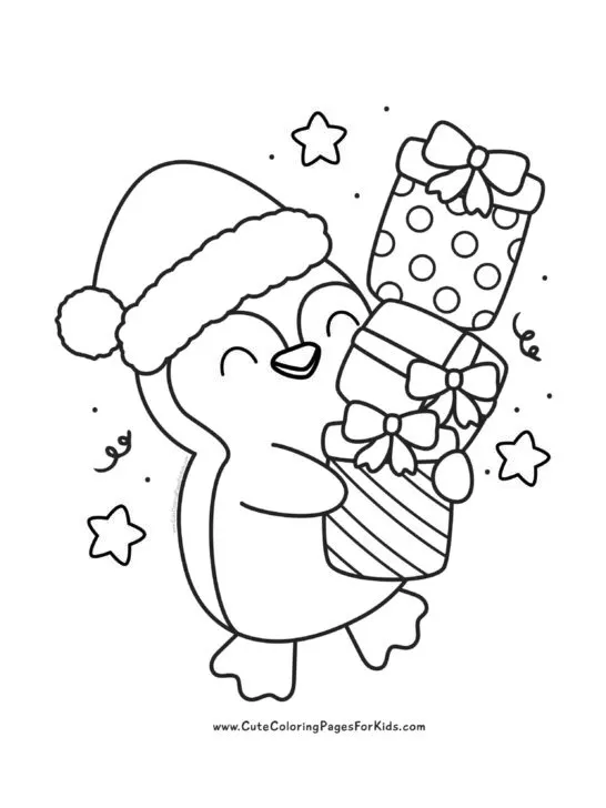 Christmas coloring page with cute penguin carrying a stack of presents