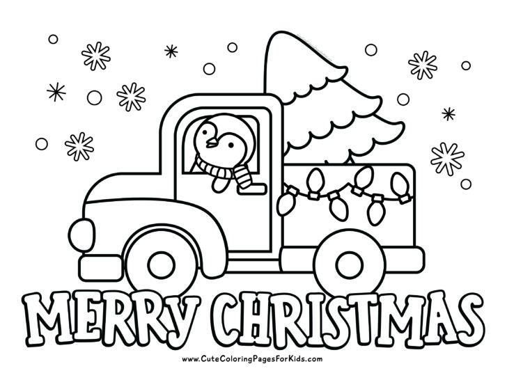 christmas coloring page with christmas truck carrying a christmas tree 