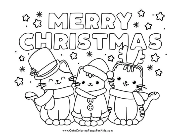 Merry Christmas coloring page with three cats dressed in festive Christmas clothes