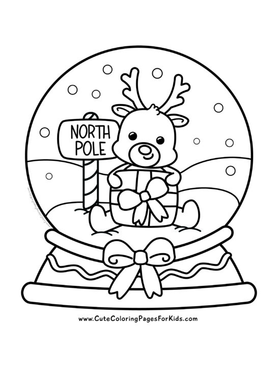 Christmas snow globe coloring page with a reindeer holding a present and a North Pole sign inside the snow globe.