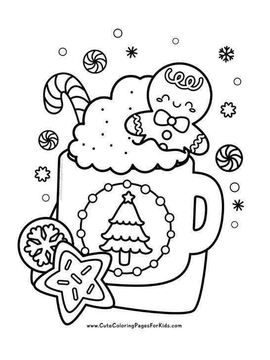 Christmas coloring page with picture of a mug of hot cocoa that has a candy cane and gingerbread man in it, with Christmas cookies beside the mug. The cocoa mug has a Christmas tree on the front of it.