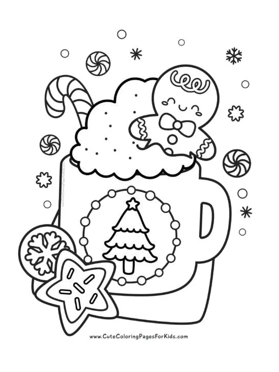 Christmas coloring page with picture of a mug of hot cocoa that has a candy cane and gingerbread man in it, with Christmas cookies beside the mug. The cocoa mug has a Christmas tree on the front of it.