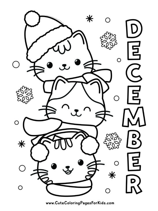 December coloring page with three cats stacked on top of each other wearing winter scarfs and hats