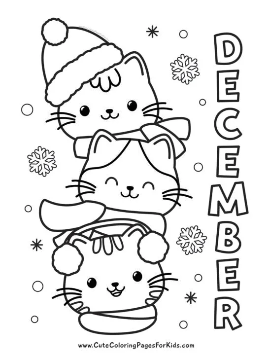 December coloring page with three cats stacked on top of each other wearing winter scarfs and hats