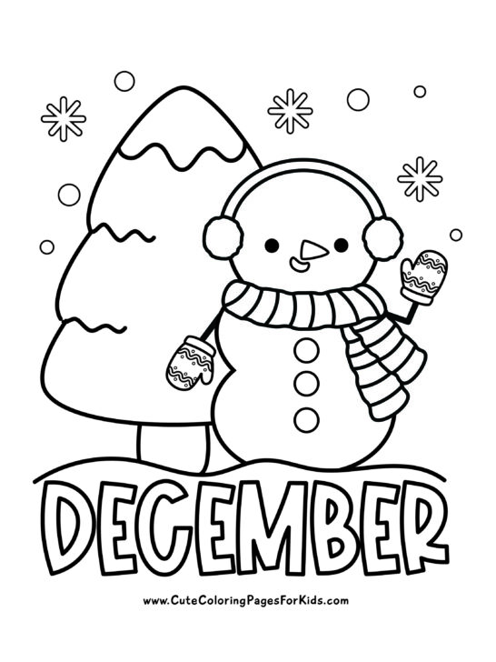 December coloring page with cute snowman waving and a snowy tree in the background