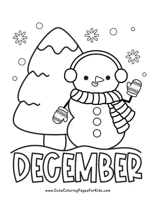 December coloring page with cute snowman waving and a snowy tree in the background