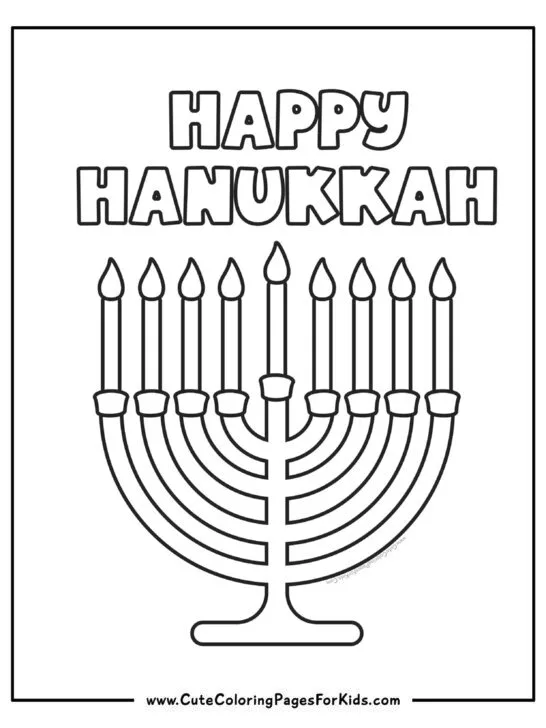 simple Hanukkah coloring page with menorah and the words Happy Hanukkah