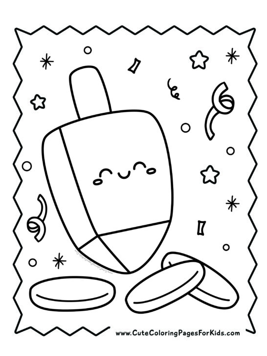 Coloring page of a smiling four-sided spinning top and coins with stars and confetti.