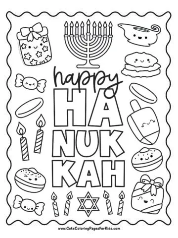 cute Hanukkah coloring page with menorah, candles, coins, dreidel, presents, oil lamp, donuts, candy, latkes, and candy to color.