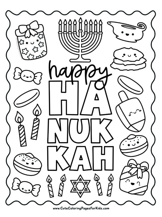 cute Hanukkah coloring page with menorah, candles, coins, dreidel, presents, oil lamp, donuts, candy, latkes, and candy to color.