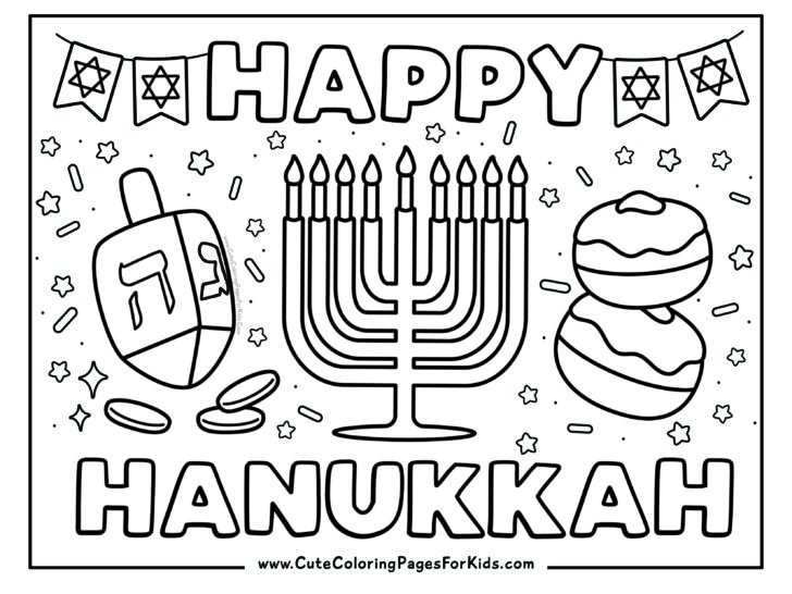 Hanukkah coloring page full page of Hanukkah elements to color such as a dreidel, a menorah, sufganiyot, star of David, and words Happy Hanukkah