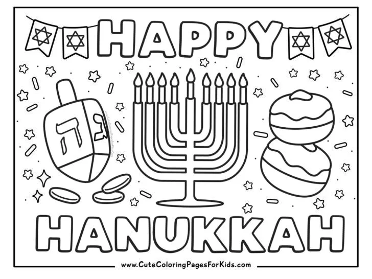 Hanukkah coloring page full page of Hanukkah elements to color such as a dreidel, a menorah, sufganiyot, star of David, and words Happy Hanukkah