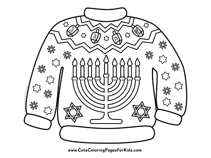 Hanukkah sweater coloring page with black and white line drawing of a sweater with a Menorah, Dreidels, Star of David, and other decorations to color