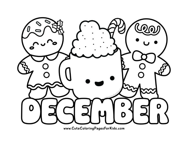 December coloring page with cute illustrations of hot cocoa with a candy cane in the center with gingerbread boy and girl on either side