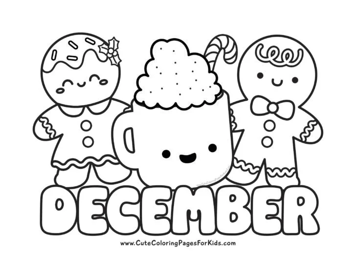 December coloring page with cute illustrations of hot cocoa with a candy cane in the center with gingerbread boy and girl on either side