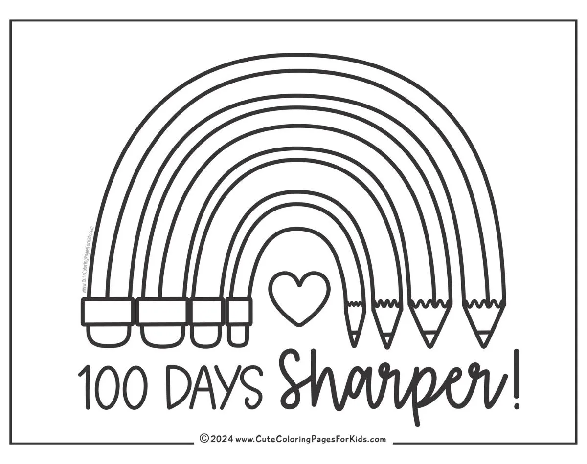 100 Days Sharper coloring page with pencils in a rainbow shape