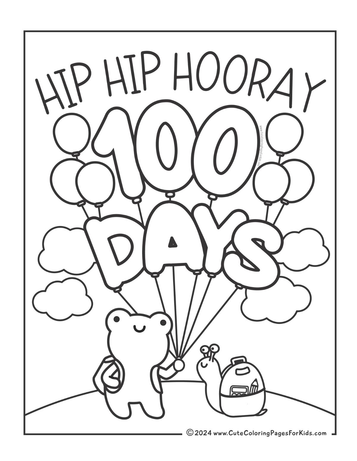 100 Days of School coloring sheet with cute frog and snail and the words Hip Hip Hooray 100 Days