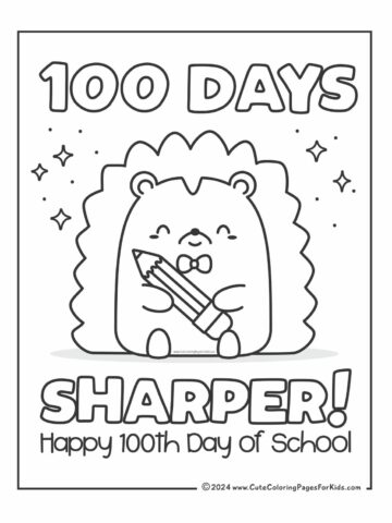 Happy 100th Day of school coloring page with picture of a cute Hedgehog holding a pencil with the words 