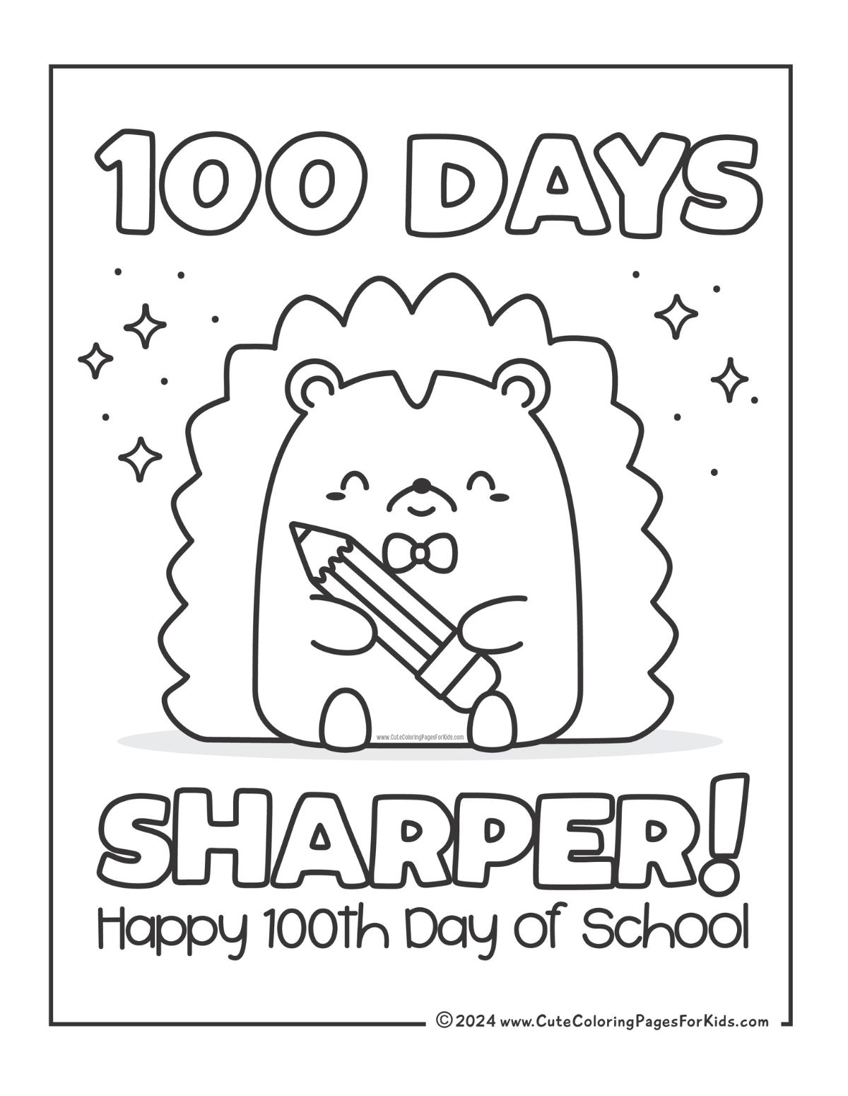 Happy 100th Day of school coloring page with picture of a cute Hedgehog holding a pencil with the words "100 Days Sharper"