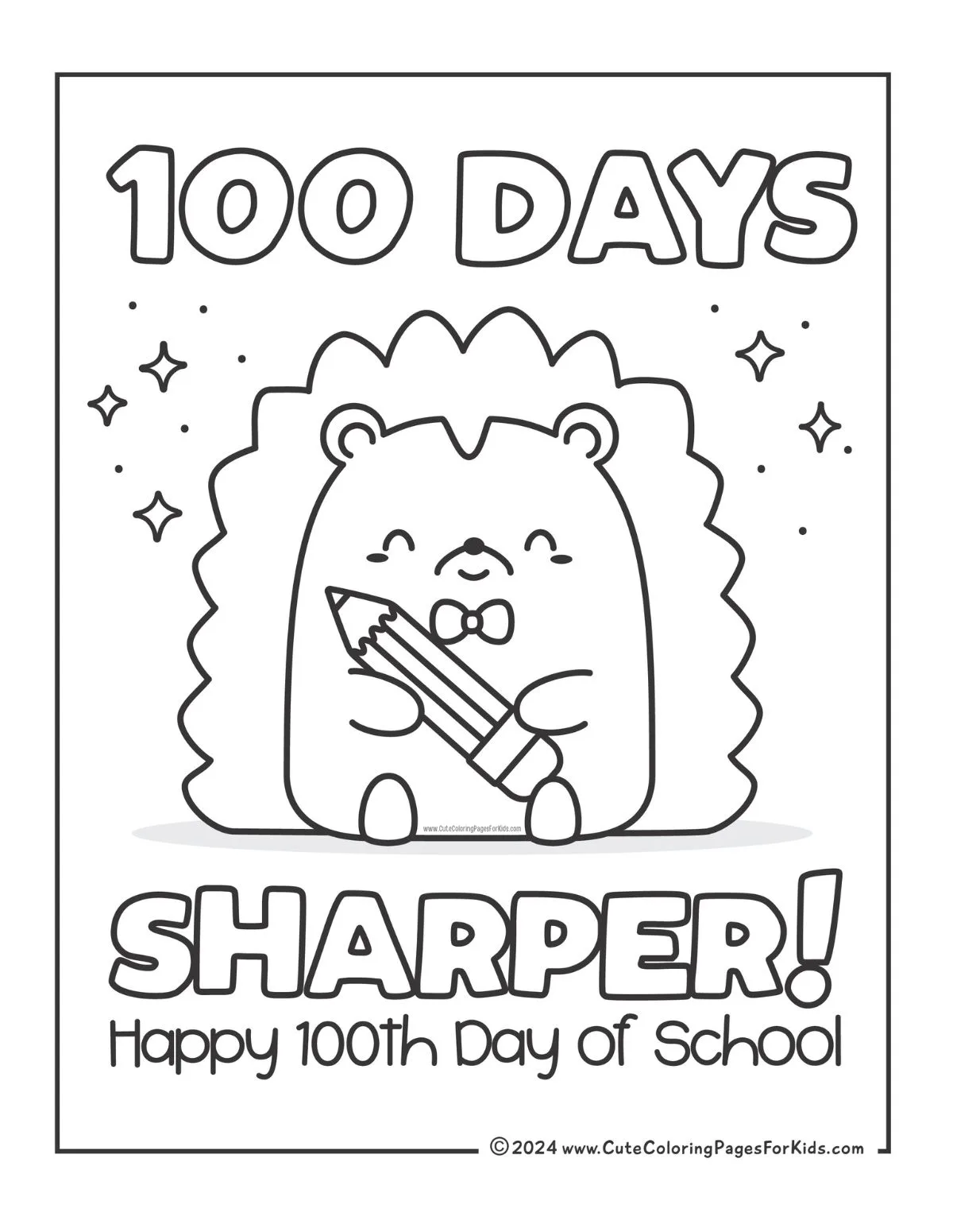 Happy 100th Day of school coloring page with picture of a cute Hedgehog holding a pencil with the words "100 Days Sharper"