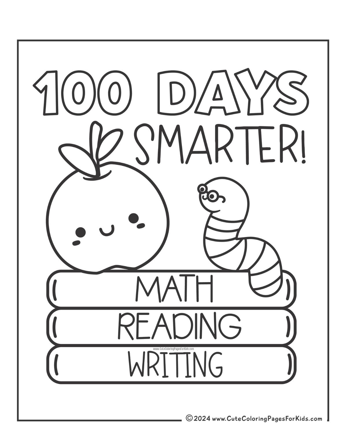 100 Days Smarter school coloring page with a cute apple and worm with glasses on a stack of books