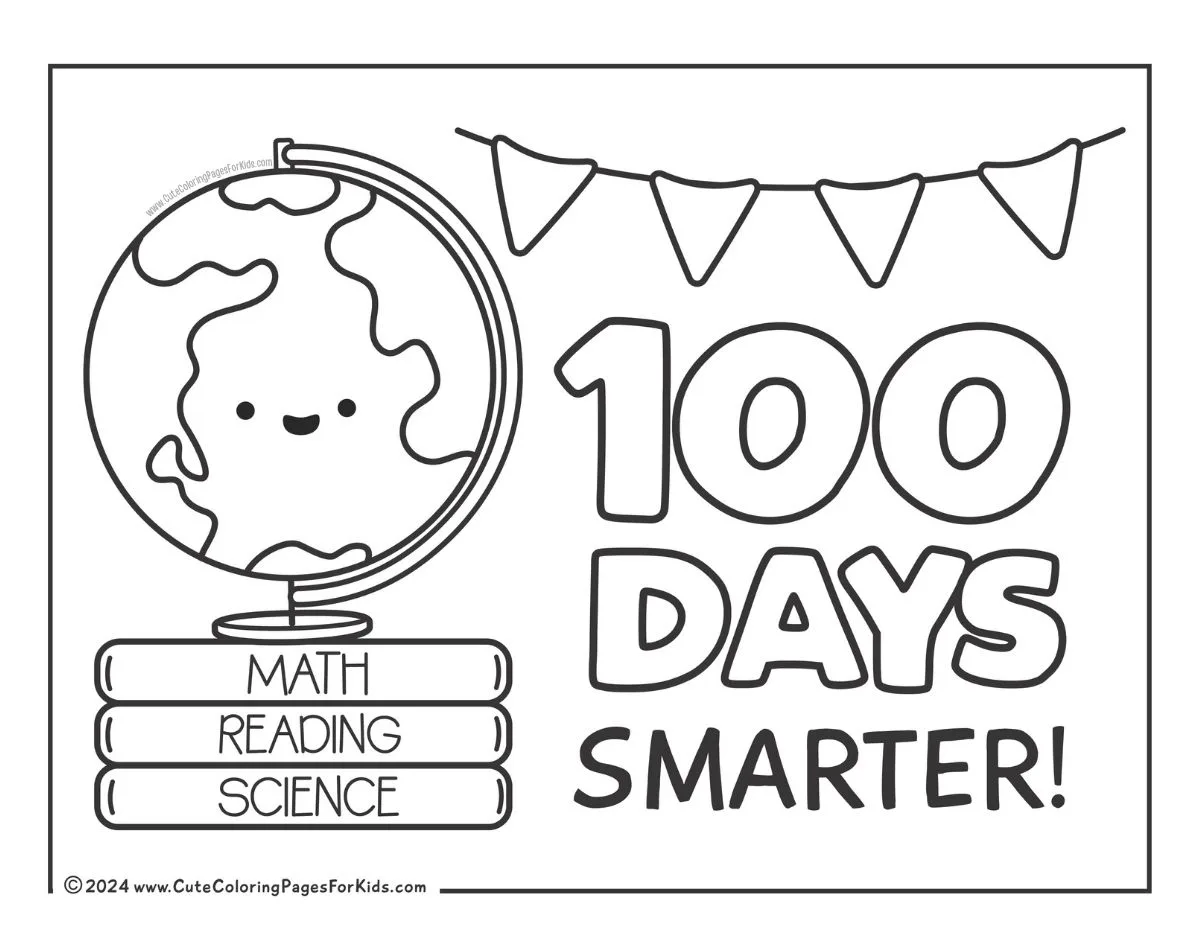 100 Days Smarter coloring page with a cute globe on a stack of books and a simple flag banner