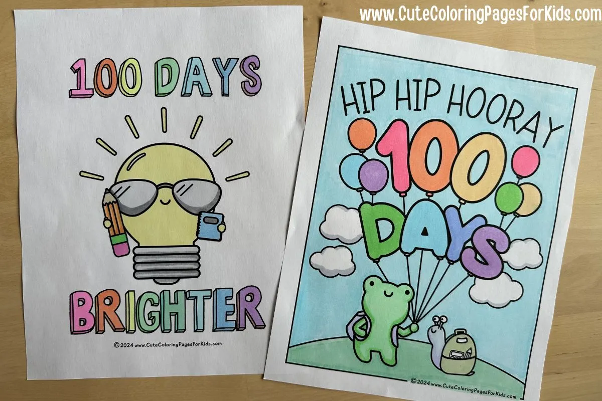 two 100 days of school coloring pages that have been colored in marker