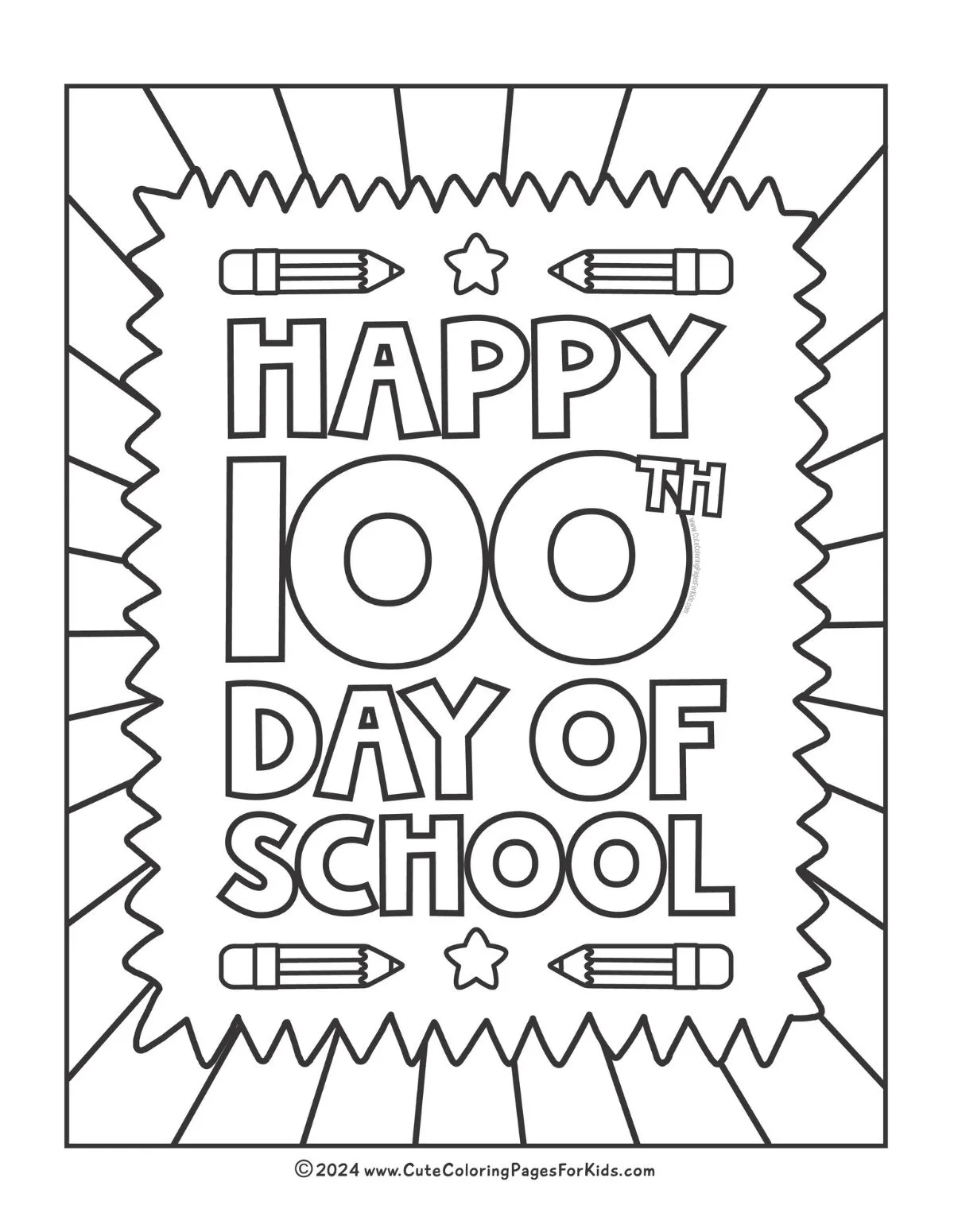 Happy 100th Day of School coloring page with full page of big words to color, plus pencils and stars, and lines in the background.