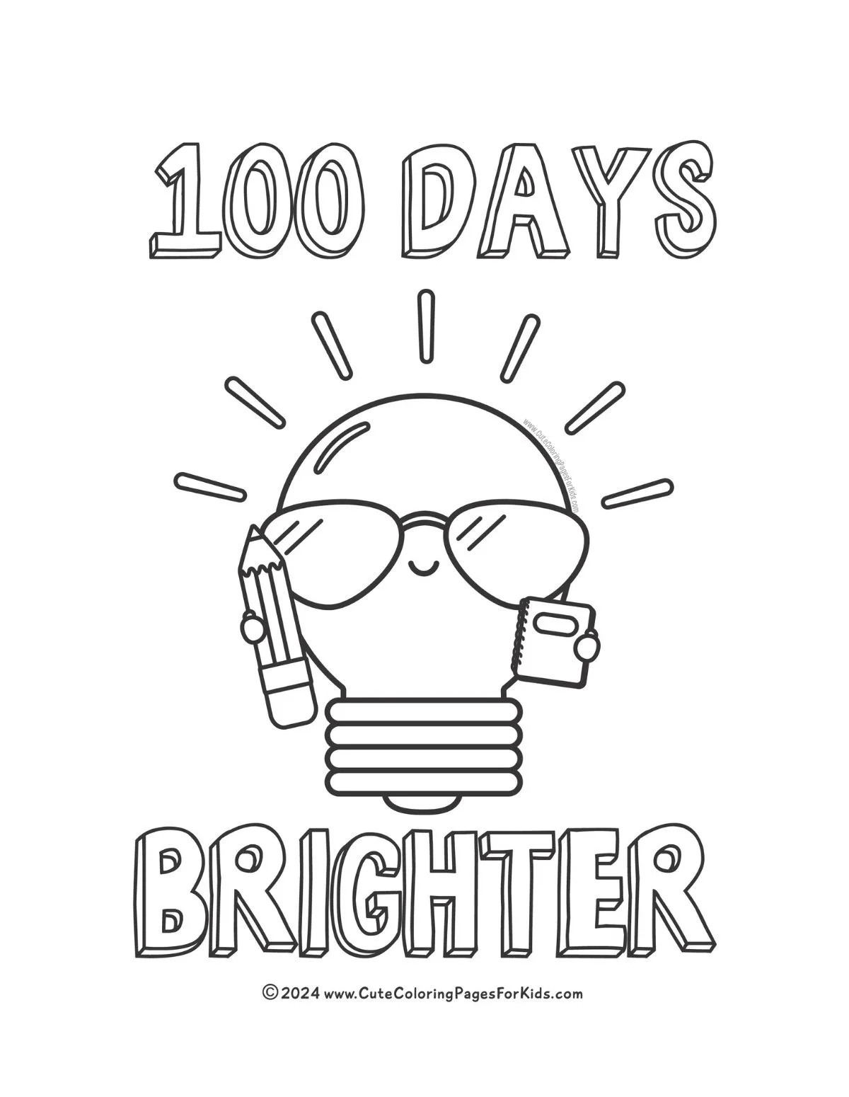 100 Days Brighter coloring page with a cute light bulb holding a pencil and a notebook for a 100th Day of School activity