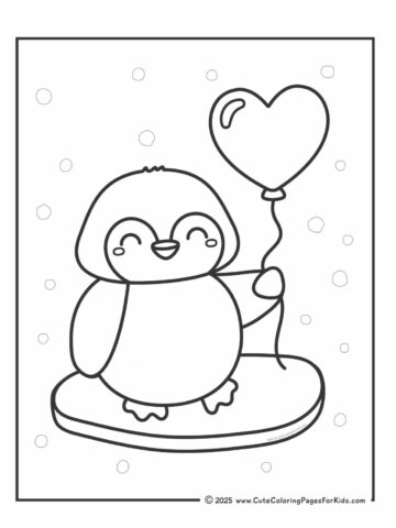 cute baby penguin coloring page with penguin holding a heart