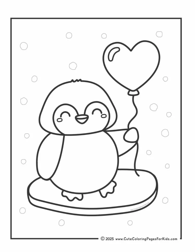 cute baby penguin coloring page with penguin holding a heart