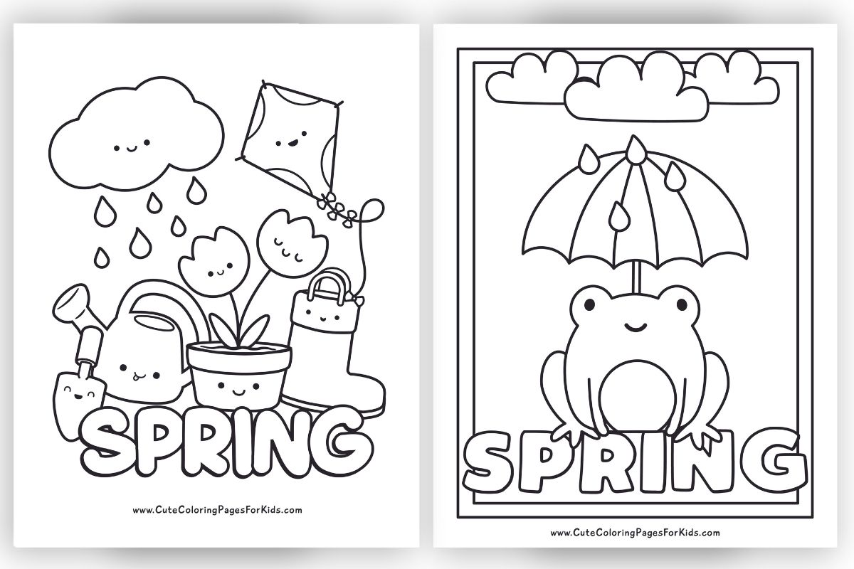 spring coloring pages for kids, preschool and up, with simple elements of gardening, rain, and frog