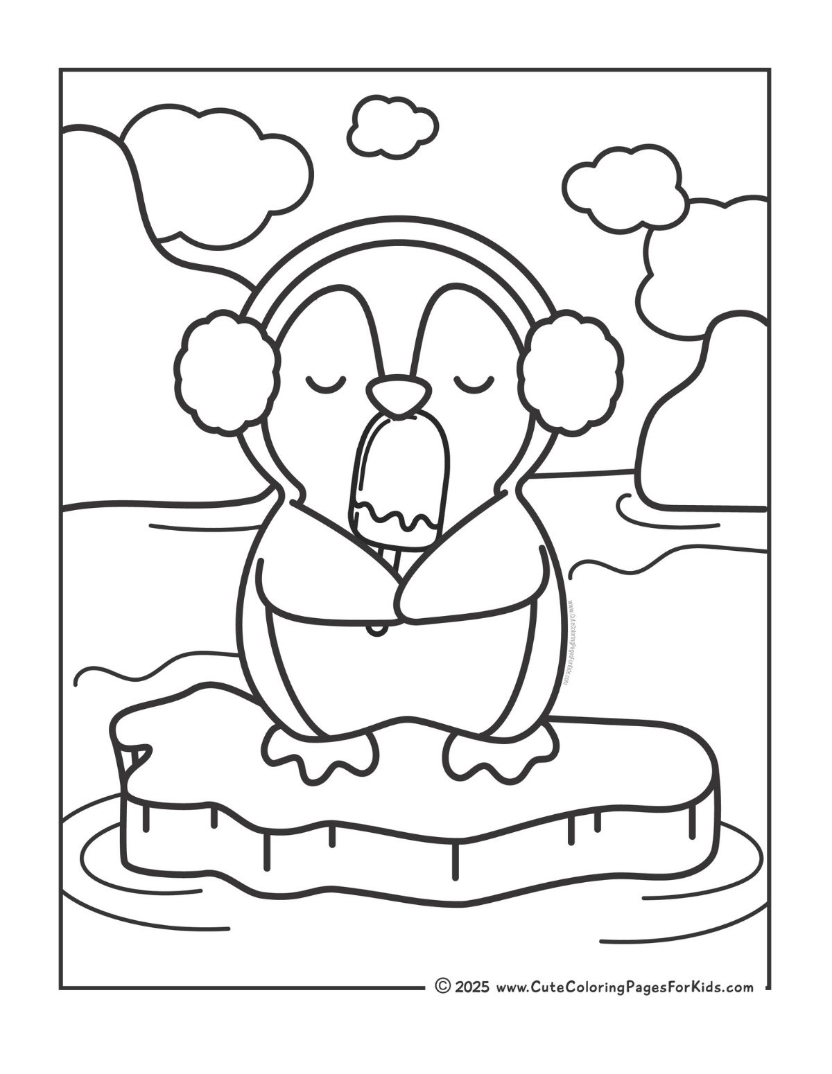 cute penguin coloring page with picture of a penguin eating a popsicle stick while floating on ice in the water