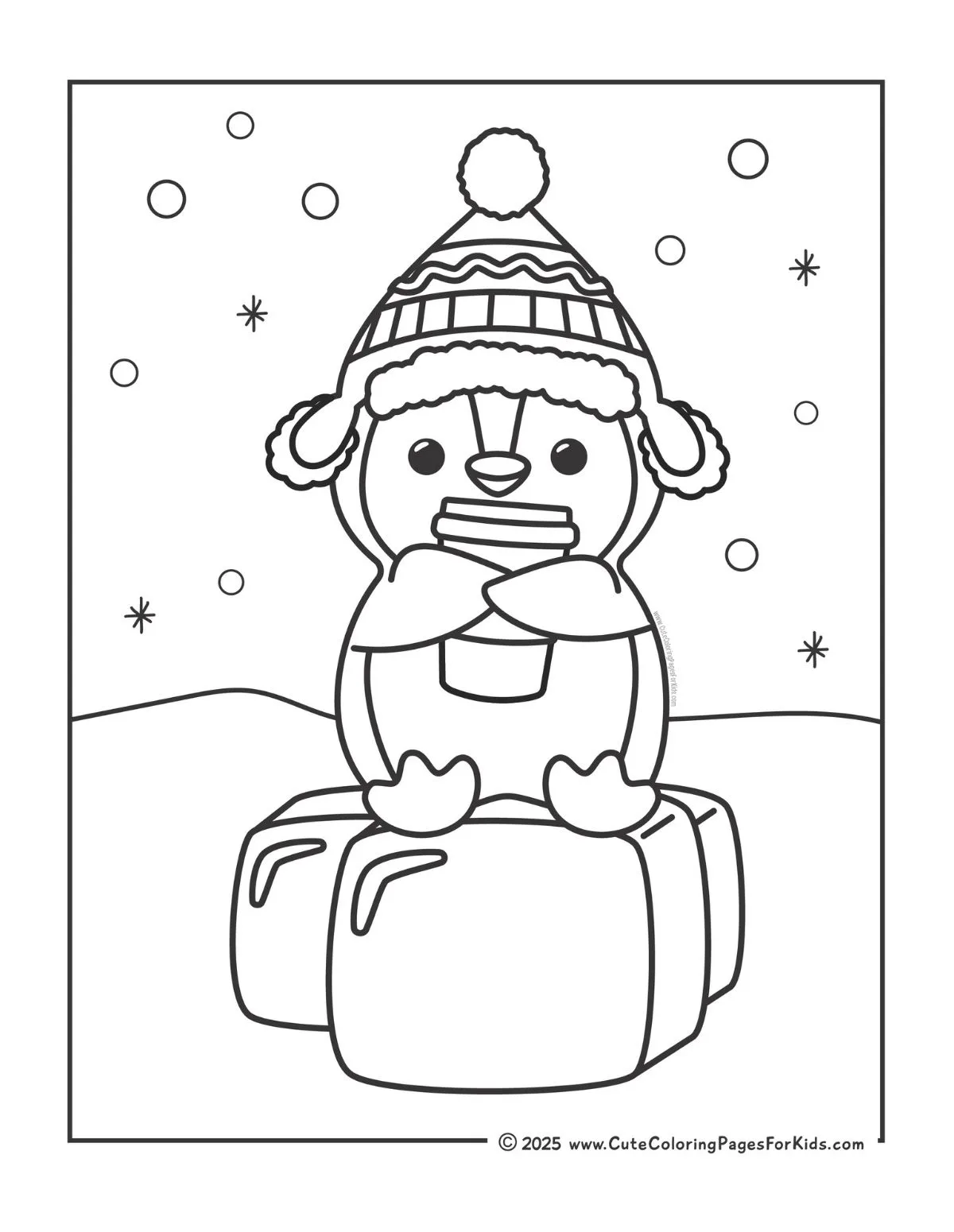 coloring page of a penguin with a drink cup sitting in a snowy scene