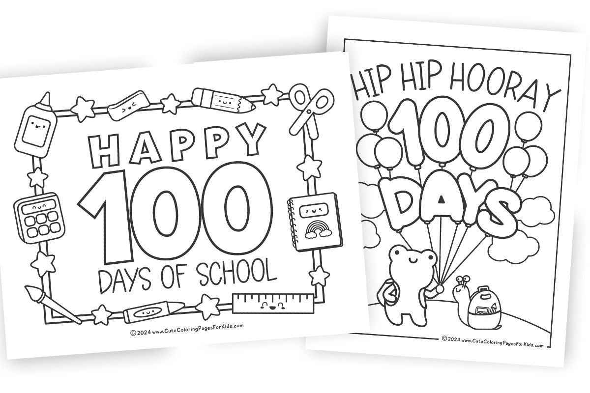 Two printouts of coloring pages for the 100th Day of School, featuring cute illustrations of smiley school supplies and a kawaii frog and snail wearing backpacks