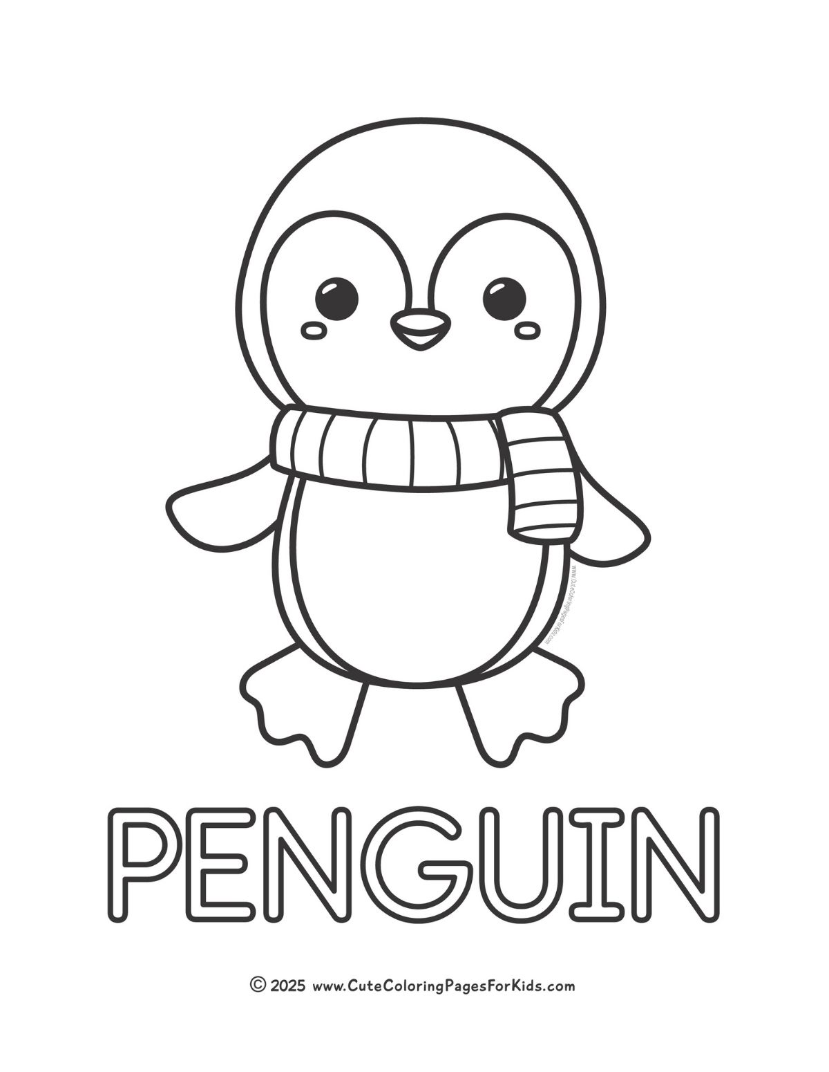 penguin coloring sheet with easy penguin to color and the word penguin underneath