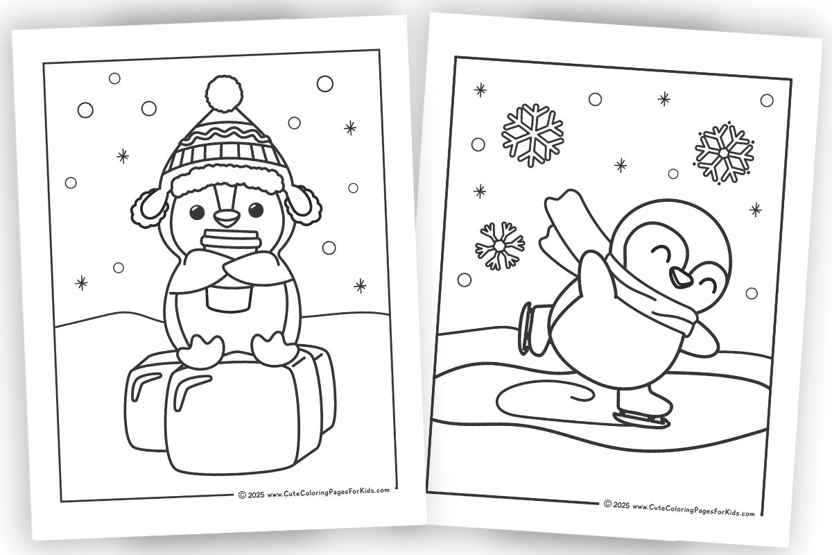 Two printouts of penguin themed coloring pages