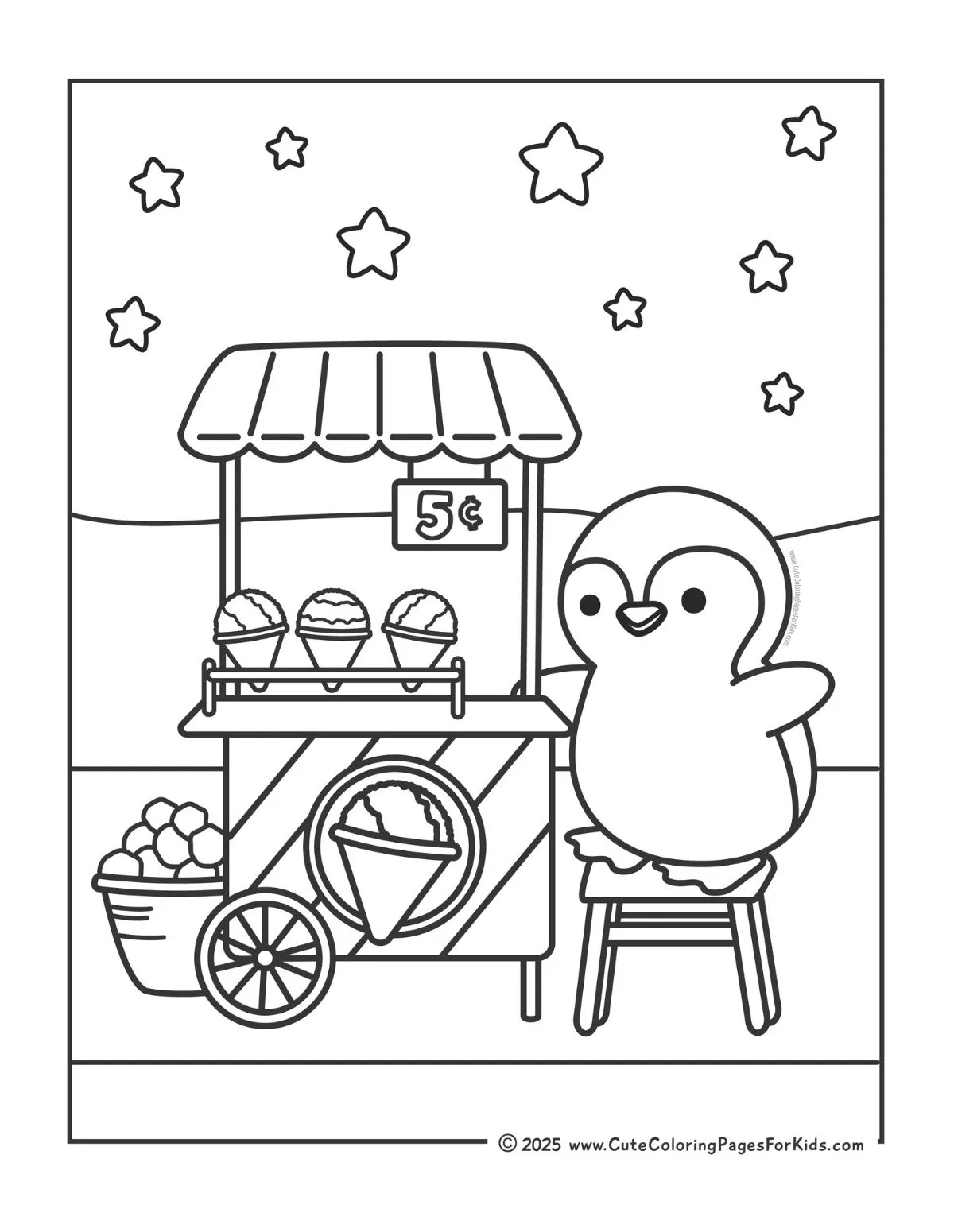 coloring page with a penguin at a snow cone cart