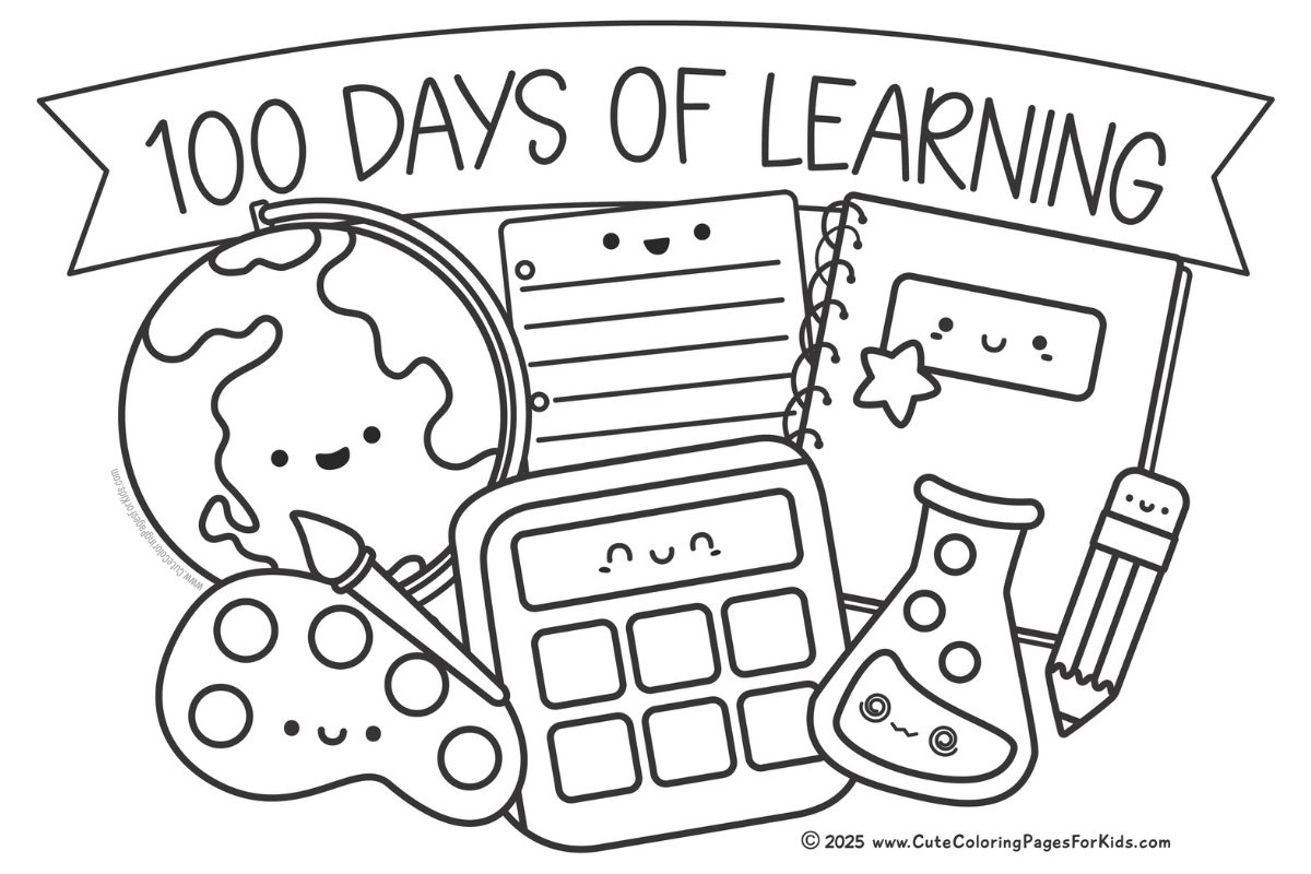 100 Days of learning coloring page filled with simple illustrations of smiley school supplies