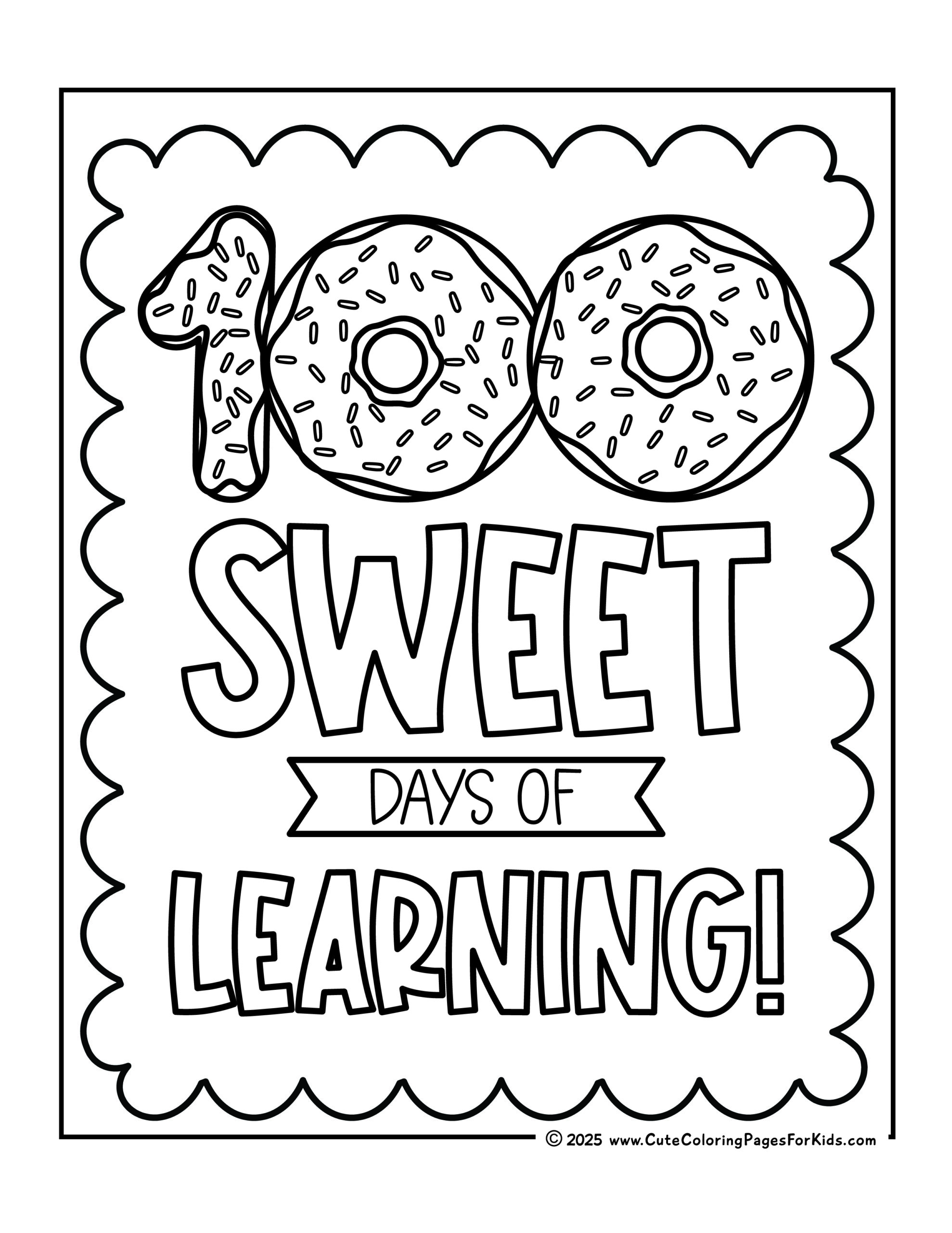 100 sweet days of learning coloring page with number donuts and 100 sprinkles