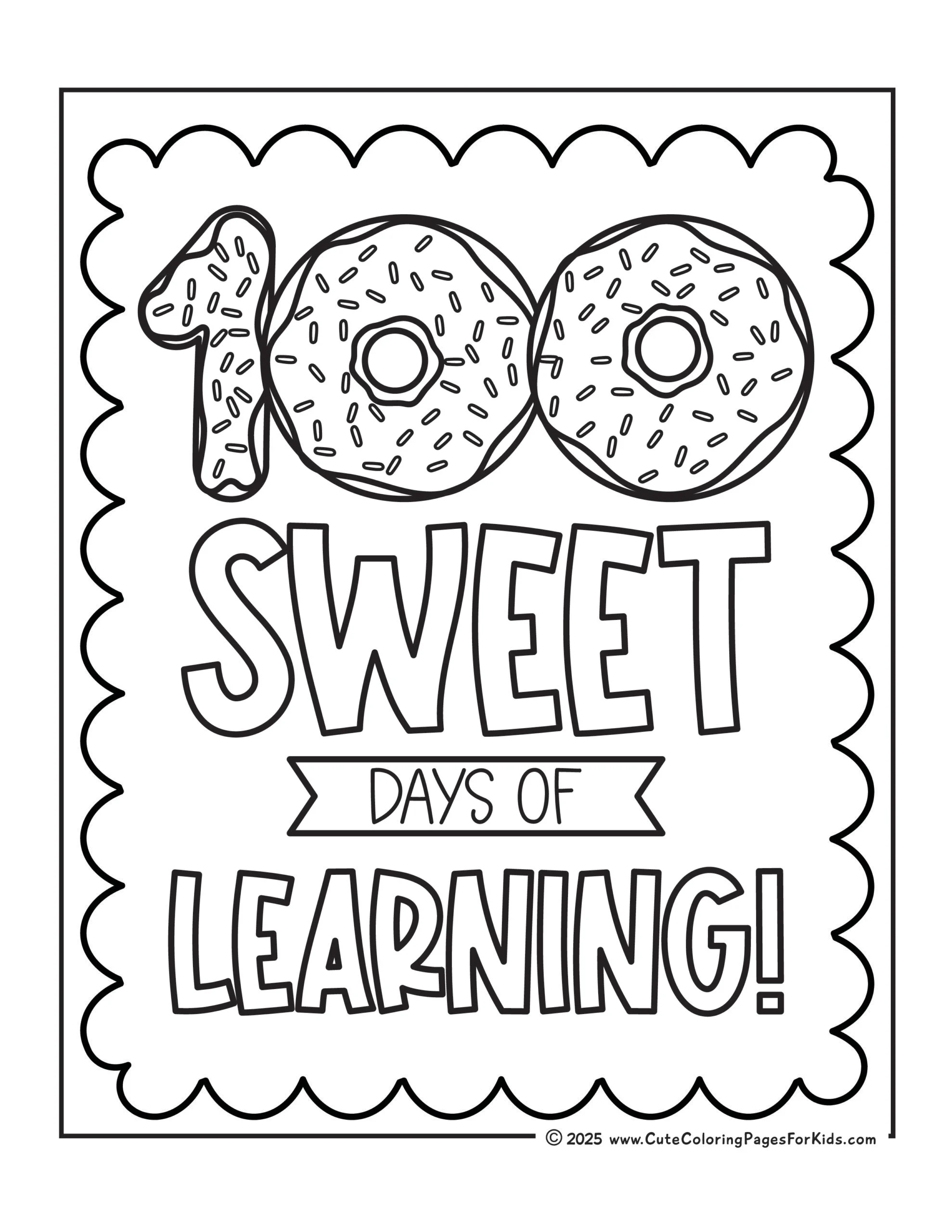 100 sweet days of learning coloring page with number donuts and 100 sprinkles