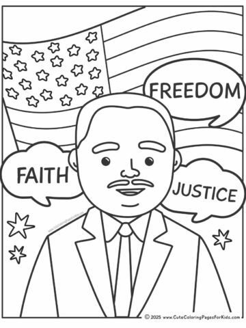 MLK coloring page with US flag and speech bubbles