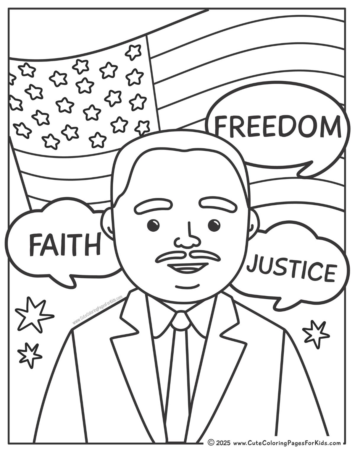 MLK coloring page with US flag and speech bubbles