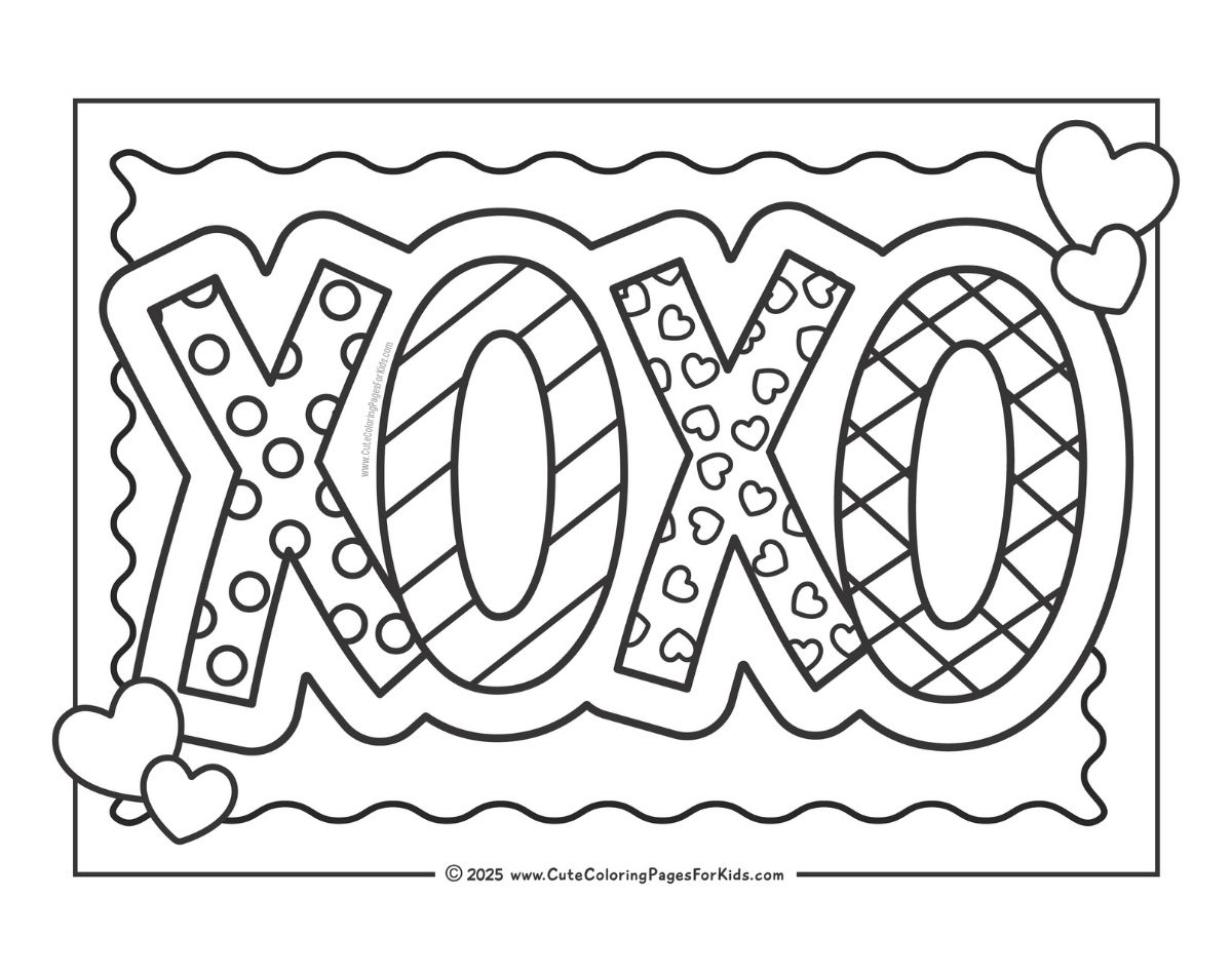 coloring page with large bubble letters XOXO that are filled with different patterns and hearts