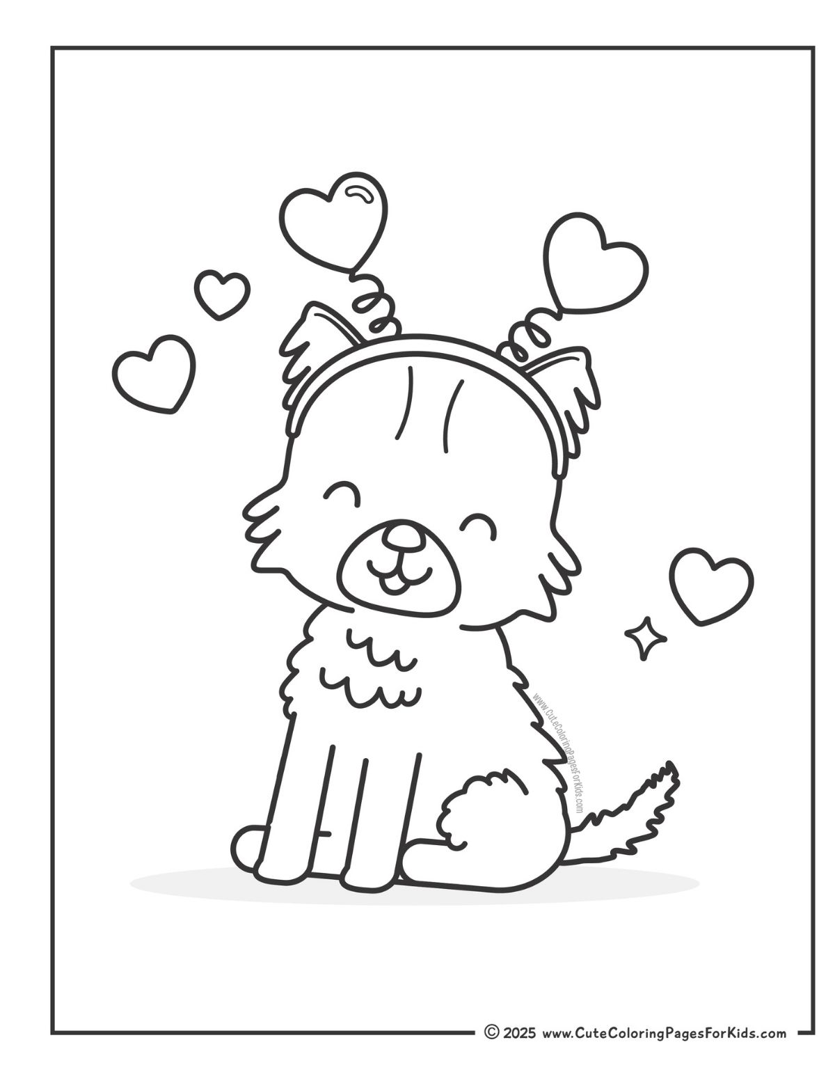 valentine coloring page with line drawing of a dog wearing a heart headband