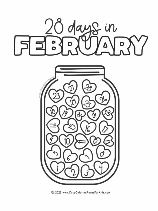 28 days in February with jar of numbered hearts to color