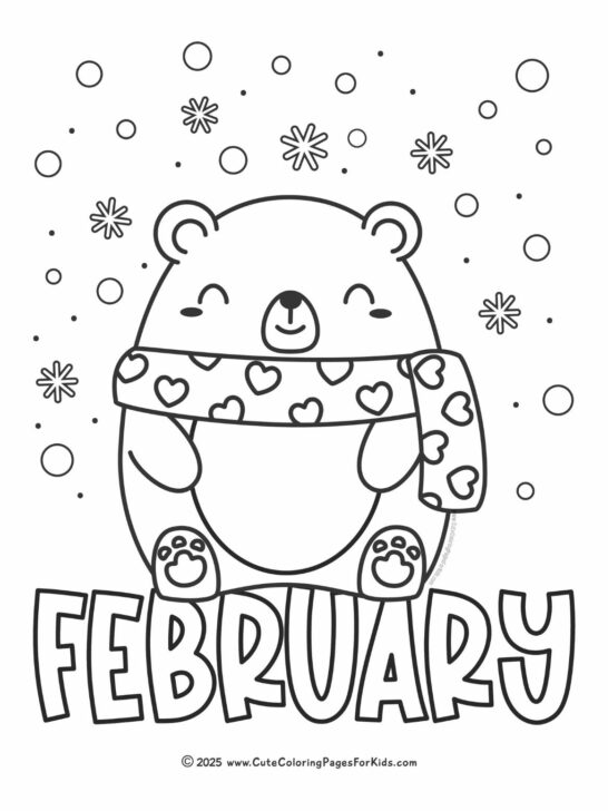 coloring page with bear wearing a scarf with hearts and the word February at the bottom